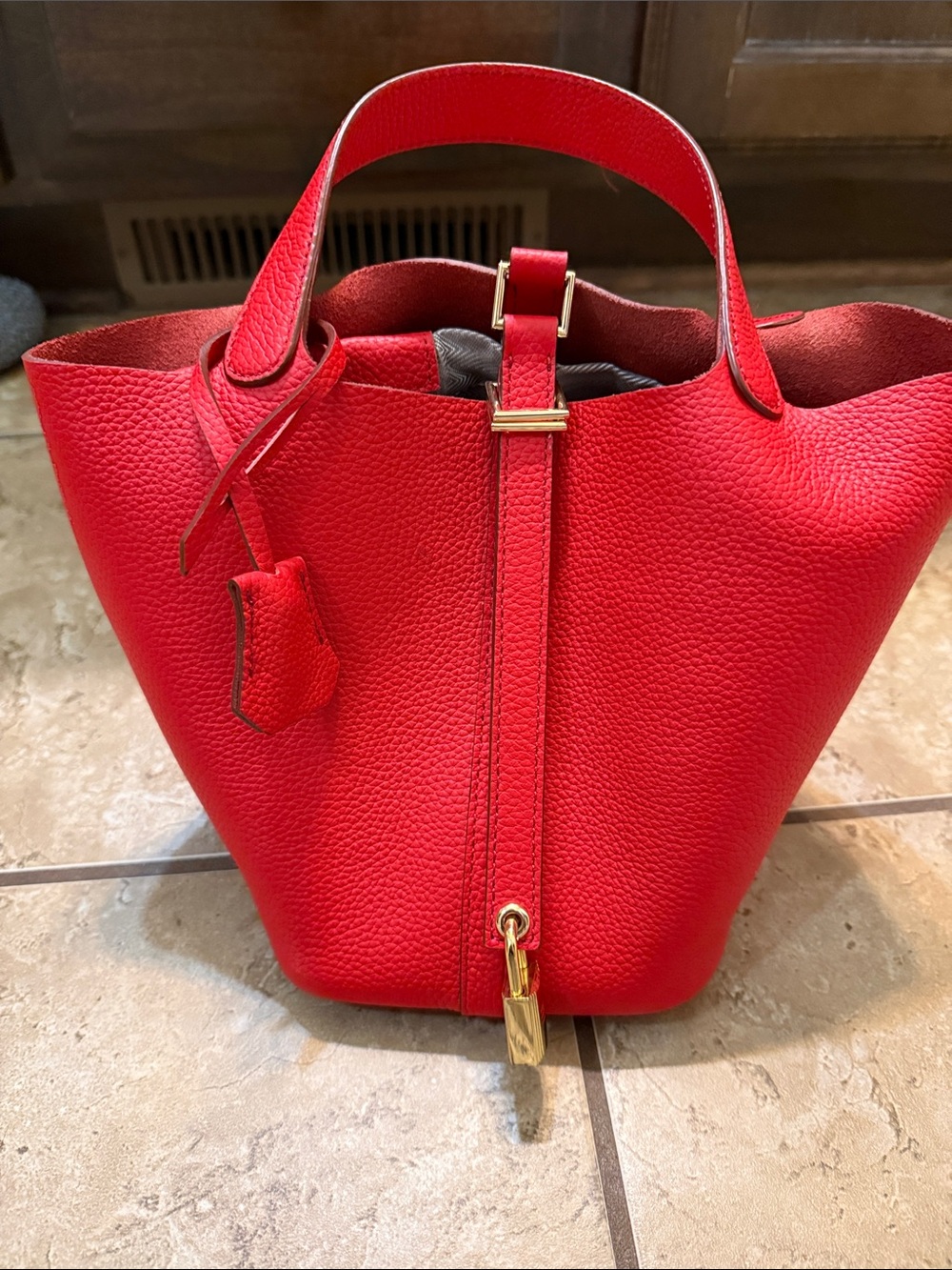 Red Leather Tote with Gold Accent